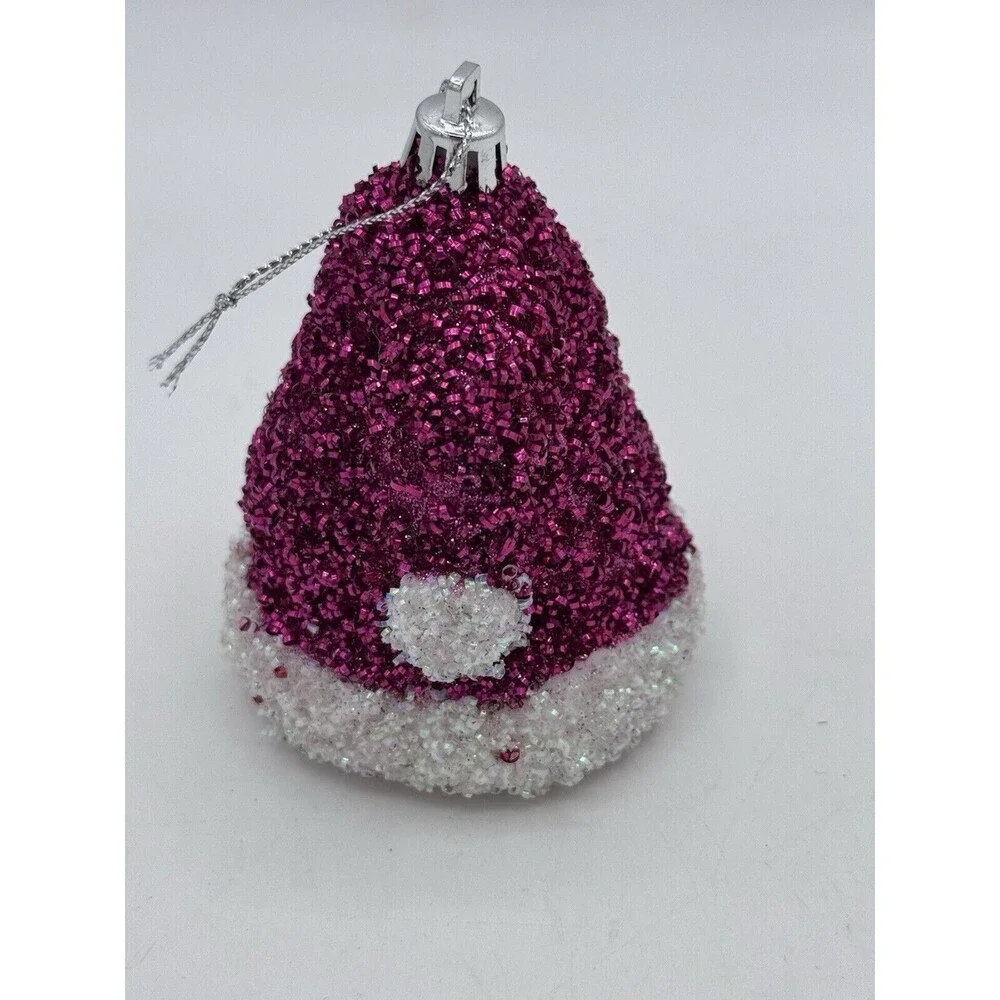Santa Claus Hat Christmas Tree Ornament Pink Glitter 3.5